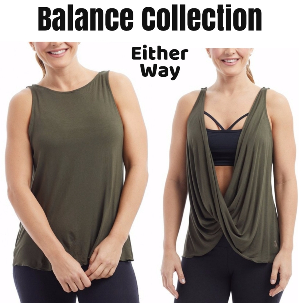 Balance Collection Olive Green Madison Reversible Draped Tank-Top 2 Ways2Wear Sm